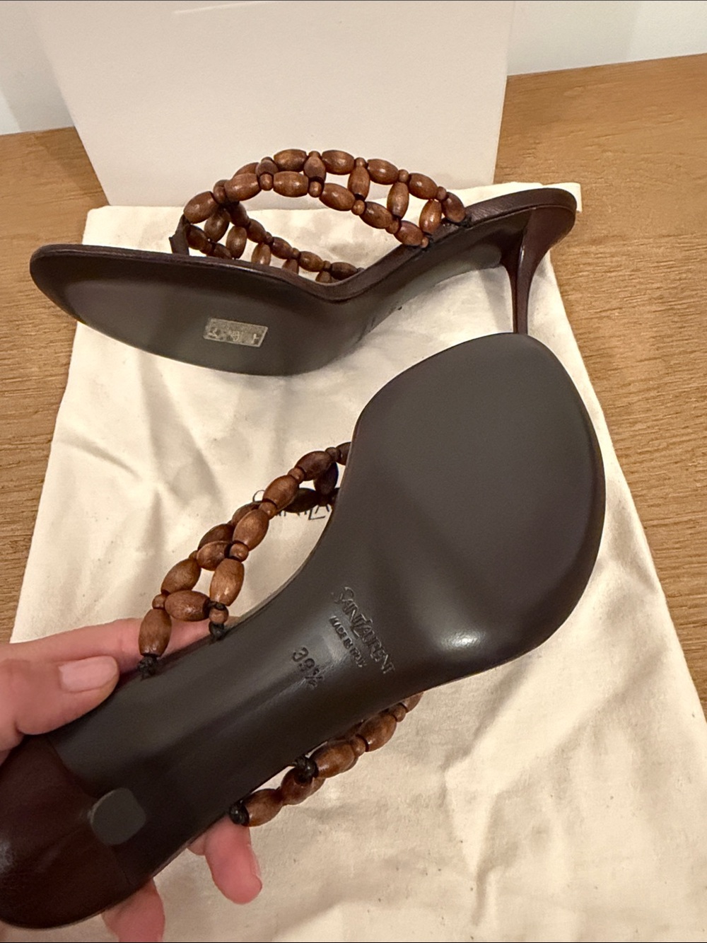 Saint Laurent Brown Beaded Leather Thong Sandals - Picture 4 of 4